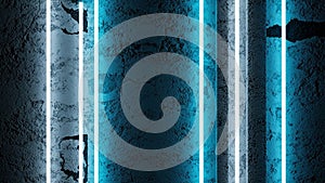 Dark textured wall with vertical neon blue light strips and cracks