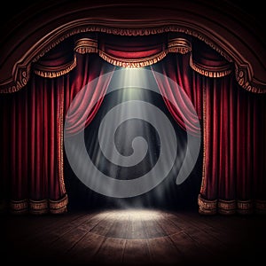 dark theater stage with red curtains and spotlight