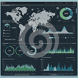 A dark-themed data analytics dashboard displays a world map highlighting various