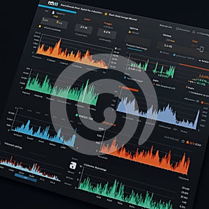 Dark-themed data dashboard displaying various charts and graphs. Features line