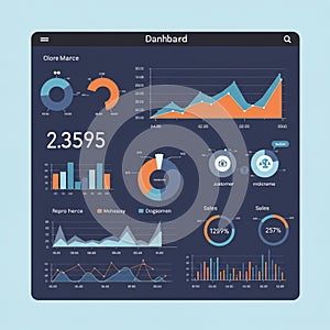 Dark-themed data dashboard featuring various graphs and charts. Includes pie charts