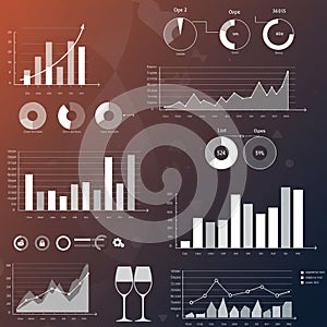 A dark-themed data visualization design featuring various graphs and charts. Include