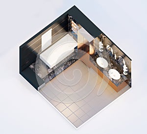 Dark themed isometric toilet interior 3d rendering