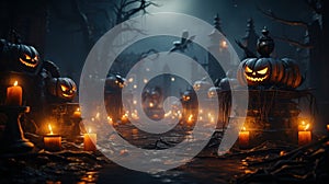 Dark tones Halloween composition in sinister cemetery alley under moonlight. Spooky pumpkin jack-o-lanterns, burning