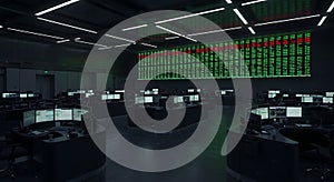 Dark trading floor with large stock market ticker
