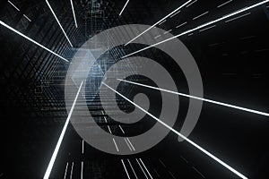 Dark triangle tunnel with glowing hud lines, 3d rendering