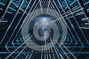 Dark triangle tunnel with glowing hud lines, 3d rendering