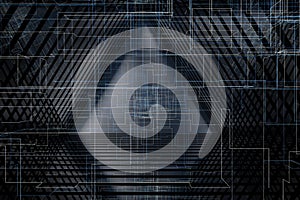 Dark triangle tunnel with glowing hud lines, 3d rendering