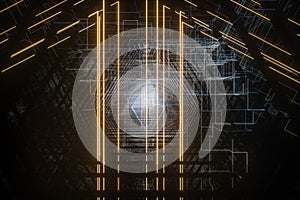 Dark triangle tunnel with glowing hud lines, 3d rendering