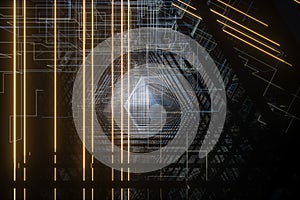Dark triangle tunnel with glowing hud lines, 3d rendering