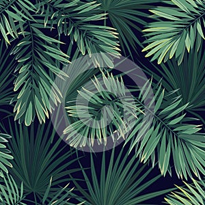 Dark tropical background with jungle plants. Seamless vector tropical pattern with green phoenix palm leaves.