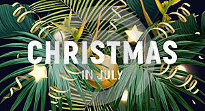 Dark tropical Christmas on the beach design with palm leaves, xmas balls, foil serpentines, gold glowing stars and light
