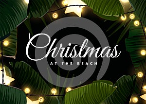 Dark tropical Christmas on the beach frame design with palm leaves, gold glowing stars and light bulbs. Vector