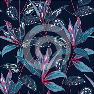 Dark Tropical forest night botanical Motifs scattered random. Seamless vector texture Floral pattern in the many kind of wild