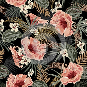 Dark tropical forest at night seamless pattern wallpaper vintage mood leaves of palm trees and exotic of flowers design for