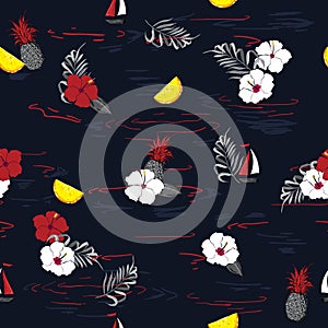 A dark Tropical island forest with blooming flowers palm leaves,with outline Exotic leaves seamless vector floral pattern