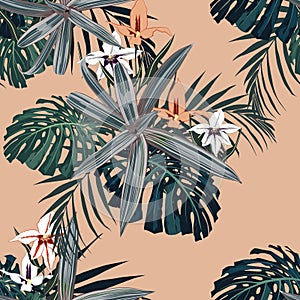 Dark tropical leaves with jungle plants. Seamless vector tropical pattern with green palm, monstera