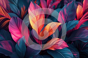 Dark tropical leaves luminous colorful colors