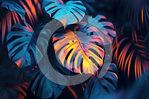 Dark tropical leaves luminous colorful colors