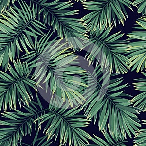 Dark tropical pattern with exotic plants. Seamless vector tropical pattern with green phoenix palm leaves.