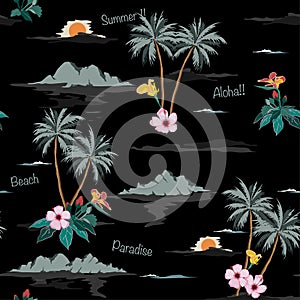 Dark Tropical seamless island pattern in black background.