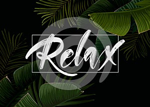 Dark tropical summer design with banana palm leaves, glowing frame and space for text. Vector flyer, banner or card template.