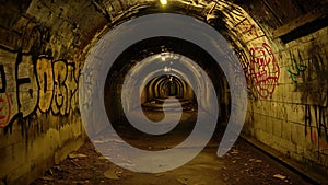 A dark tunnel covered in vibrant graffiti artwork showcasing urban expressions, Creepy underground tunnels with Halloween-themed