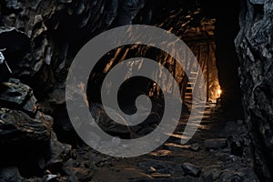 A dark tunnel illuminated by a solitary ladder leading deeper into the unknown, Dark mine tunnel, cave with rocks and wood, old