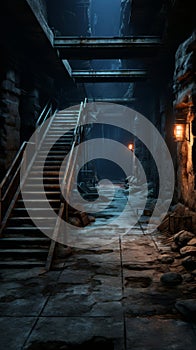 a dark tunnel with stairs leading up to a light at the end