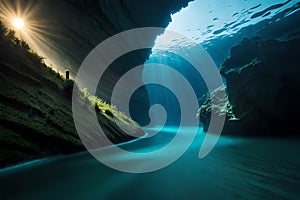 Dark Underwater Cave With Sunlight Beams. Deep Sea Cavern Nature, Undersea Exploration Concept. Generative AI