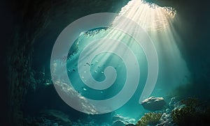 Dark underwater cave with sunlight beams deep sea, creative digital illustration