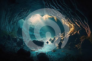 Dark underwater cave with sunlight beams deep sea, creative digital illustration