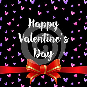 Dark Valentines Day card with pink and lilac hearts, decorated with a red ribbon. Wallpapers, invitations, posters, brochures, ban