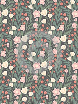 Dark vector rural ditsy pattern. Seamless shabby chic texture. Background with branches, foliage, flowers and berries on gray