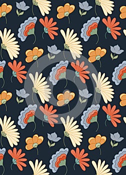 Dark vector seamless pattern with groovy flowers and stems on blue background. Flower power wallpaper. Retro hippie floral