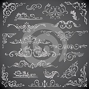 Dark Vector set of Swirl Elements for Frame Design. Calligraphic page decoration, Labels, banners, antique and baroque