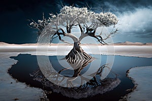 Dark view of tree of life reflected in water generative AI