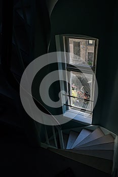 Dark vintage staircase interior in old building