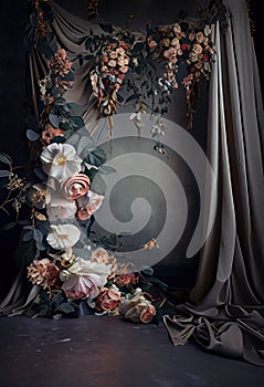 Dark vintage wall decorated with silk curtains and flowers