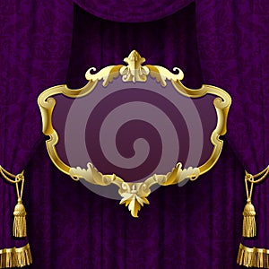 Dark violet curtain with suspended gold decorative baroque frame photo
