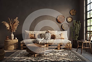 Dark Wabi sabi style interior with copy space on the limewash wall background. Wall mockup, 3d rendering