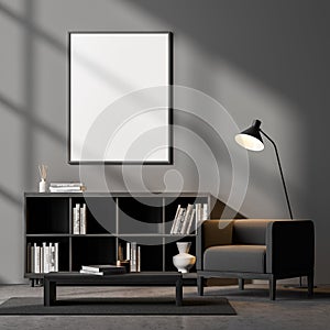 Dark waiting room interior with black armchair and white poster