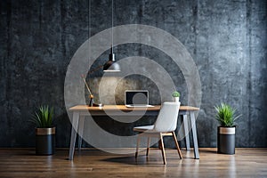 Dark Wall Background Empty Workplace in Front of Abstract Package