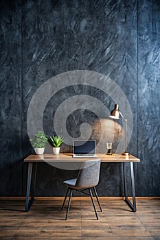 Dark Wall Background Empty Workplace in Front of Abstract Package