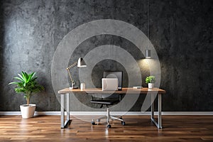 dark wall background. Empty workplace, in front of an abstract package