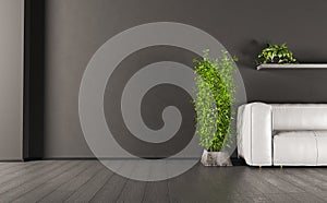 Dark wall mockup with plants and sofa