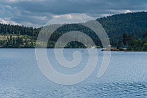 Dark water lake surrounded by forest