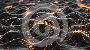 Dark wavy texture with golden lines, lights, and sparkling particles. Vibrating field of energy. Dynamic, flowing, smooth abstract photo