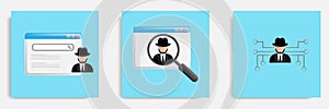 Dark web, hacker programer wearing suit and hat on a web page concept. 3D cartoon vector illustration