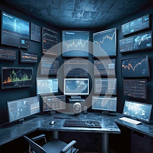 Dark web underground control room of black market. Monitoring and hacking cryptocurrency from internet at home